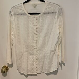 J.Jill soft 100% cotton eyelet lace top with scalloped front + cuffs. Sz M. EUC
